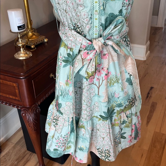 Spartina 449 Pastel Green Cotton Print Dress Ruffle Hem Tie Belt Sleeveless New - Picture 5 of 14